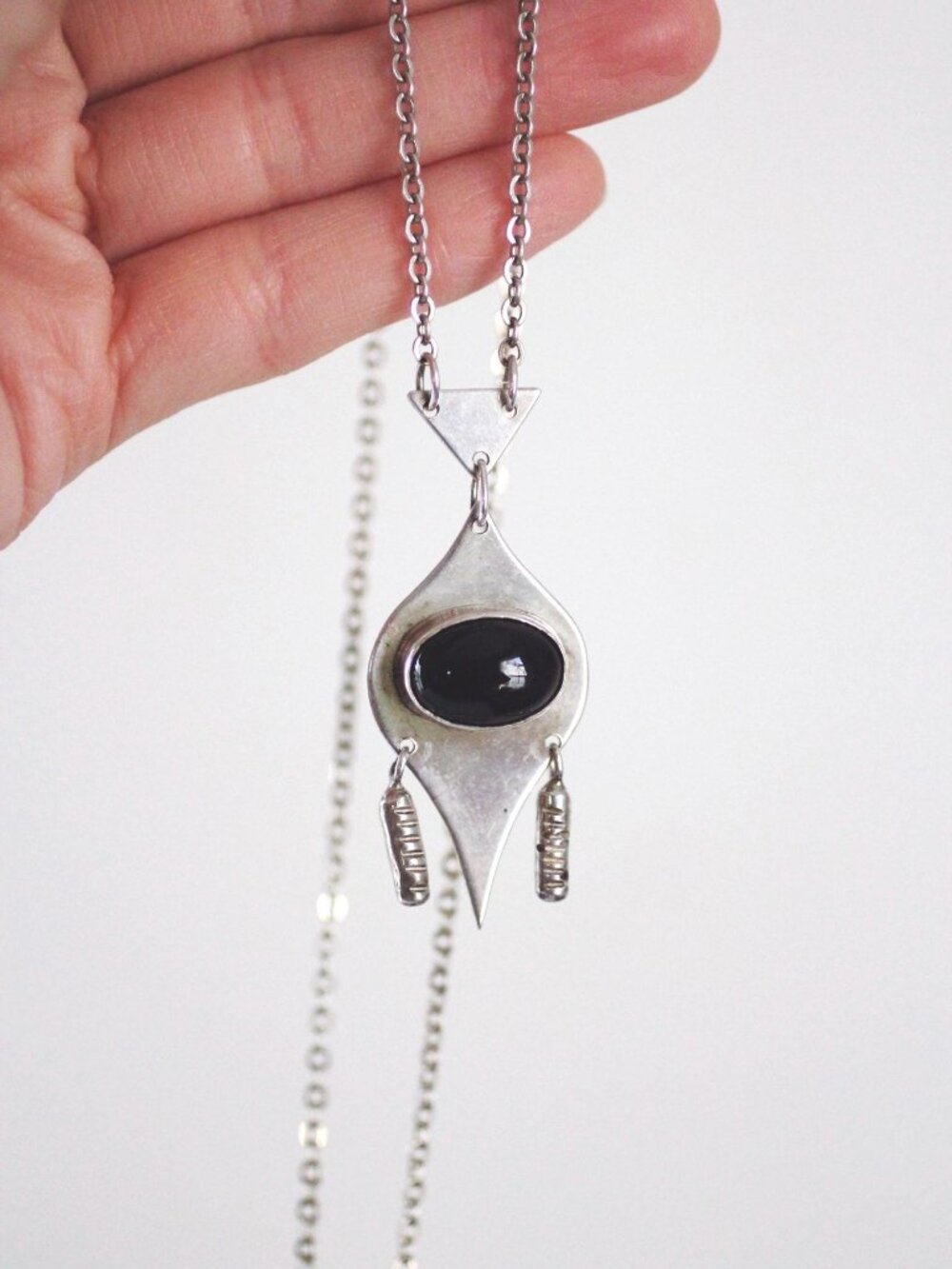 Vintage Sterling Silver Onyx Necklace Geometric Modernist Design